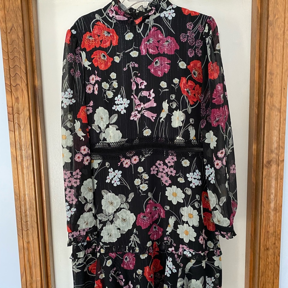 Black and floral with silver shimmer wedding guest dress!